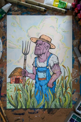 "Farmer Thanos" - contemporary artwork on paper